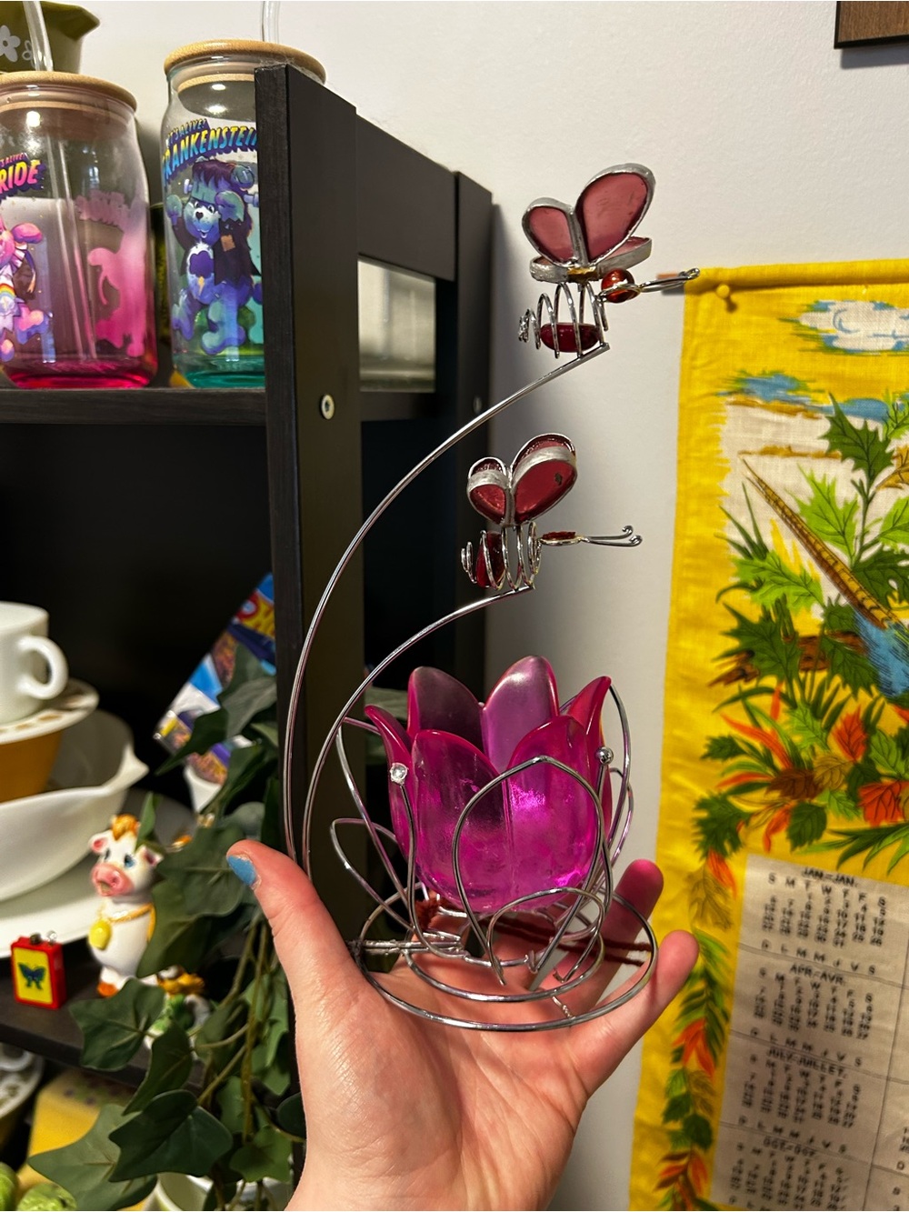 Pink Glass Lotus Fairy Tea Light Holder